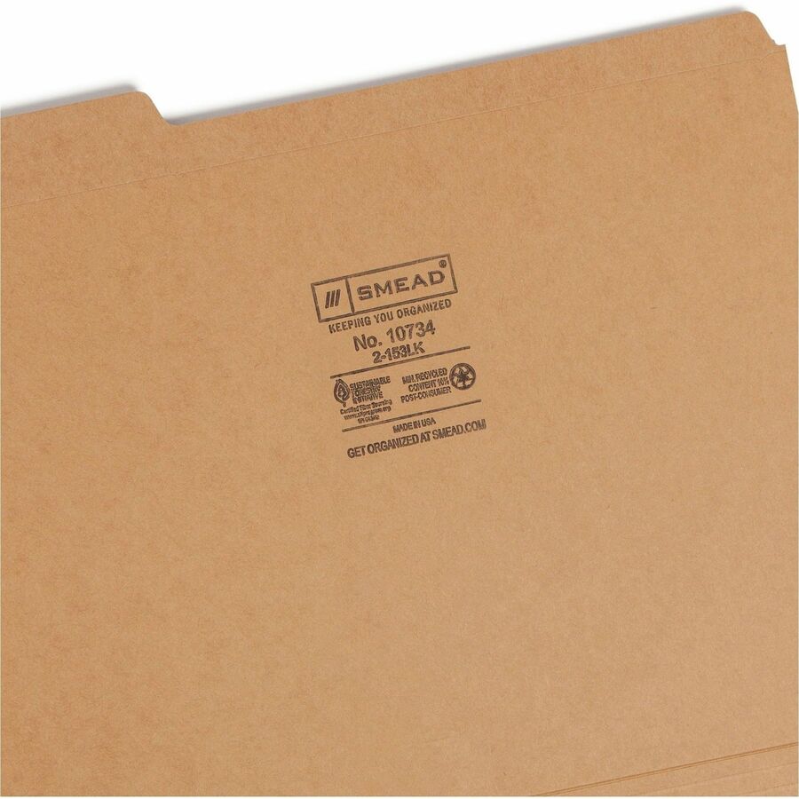 Smead 1/3 Tab Cut Letter Recycled Top Tab File Folder - 8 1/2" x 11" - 3/4" Expansion - Top Tab Location - Assorted Tab Position - 11 pt. - 2 Plys - Kraft - Reinforced Tab - 10% Recycled - 100 / Box