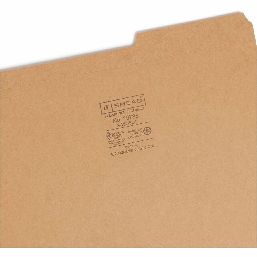 Smead 2/5 Tab Cut Letter Recycled Top Tab File Folder - 8 1/2" x 11" - 3/4" Expansion - Top Tab Location - Right Tab Position - 11 pt. - 2 Plys - Kraft - 10% Recycled - 100 / Box