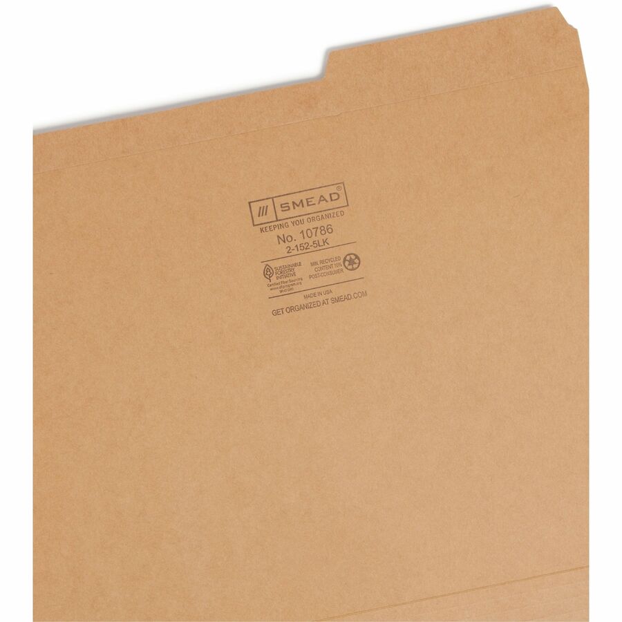 Smead 2/5 Tab Cut Letter Recycled Top Tab File Folder - 8 1/2" x 11" - 3/4" Expansion - Top Tab Location - Right Tab Position - 11 pt. - 2 Plys - Kraft - 10% Recycled - 100 / Box