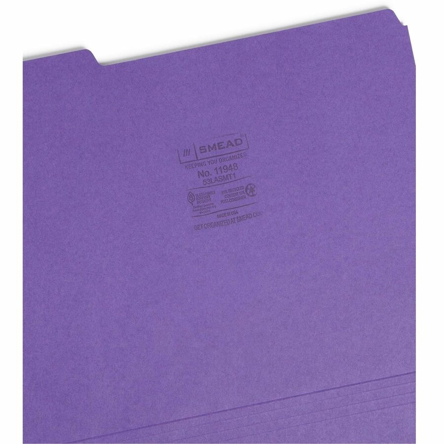 Smead 1/3 Tab Cut Letter Recycled Top Tab File Folder - 8 1/2" x 11" - 3/4" Expansion - Top Tab Location - Assorted Tab Position - 11 pt. - 1 Plys - Assorted - Rounded Corner - 10% Recycled - 100 / Box