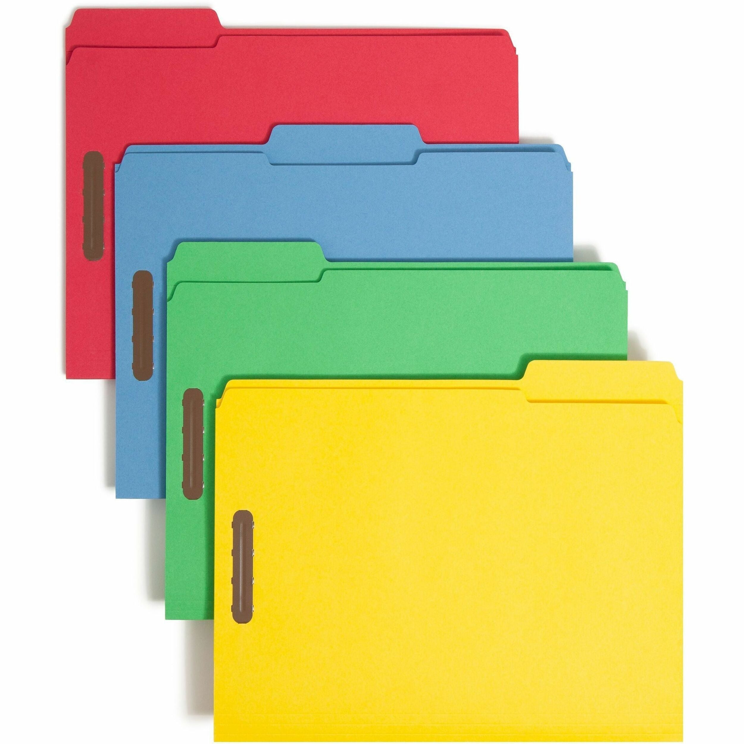 Smead Colored 1/3 Tab Cut Letter Recycled Fastener Folders, 8.5" x 11", 3/4" Expansion, 2 Fasteners, Assorted Tabs, 11 pt., 2 Ply, Blue/Green/Red/Yellow, Reinforced, 10% Recycled, 50/Box