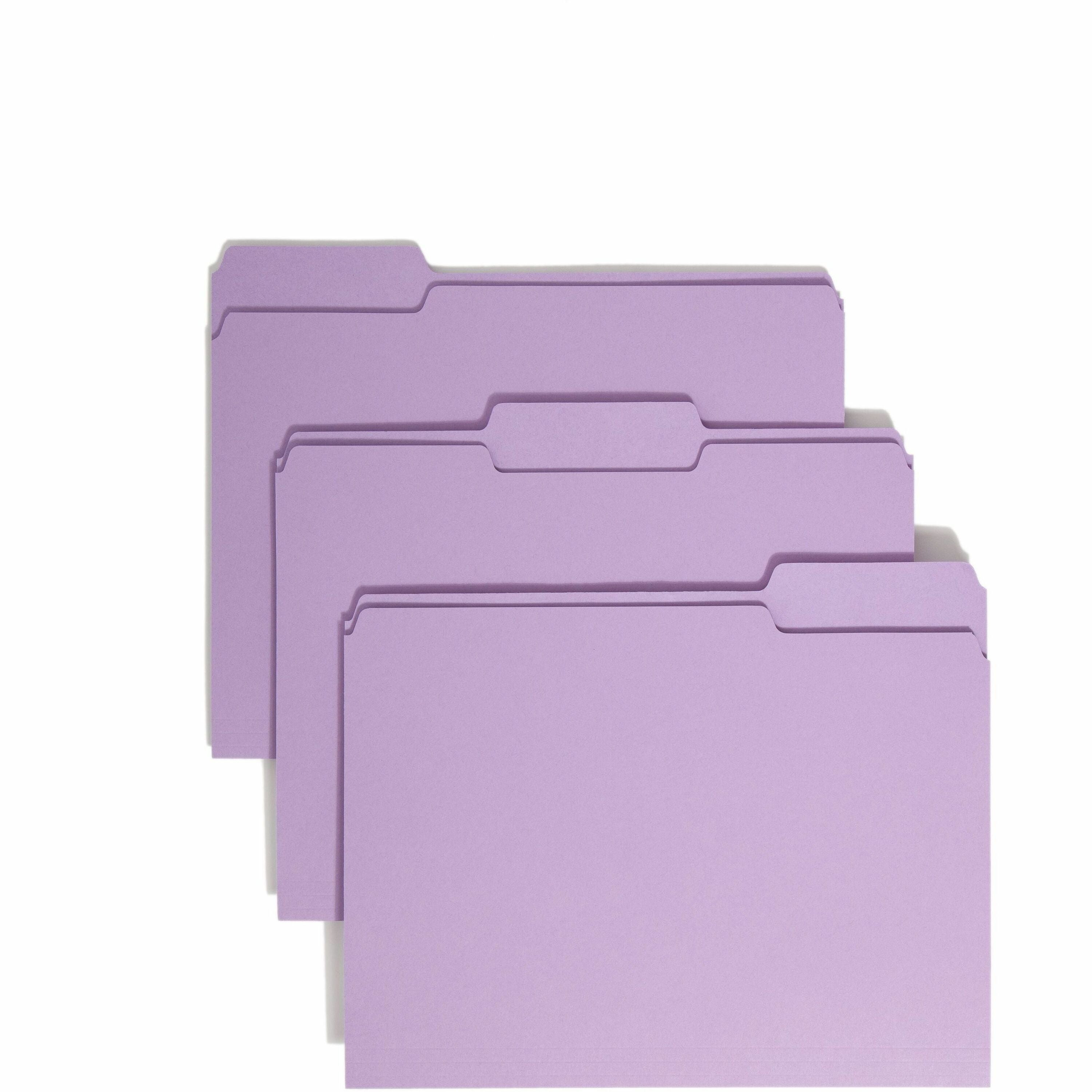 Smead Colored 1/3 Tab Cut Letter Recycled Top Tab File Folder - 8 1/2" x 11" - 3/4" Expansion - Top Tab Location - Assorted Tab Position - 11 pt. - 1 Plys - Lavender - Rounded Corner - 10% Recycled - 100 / Box