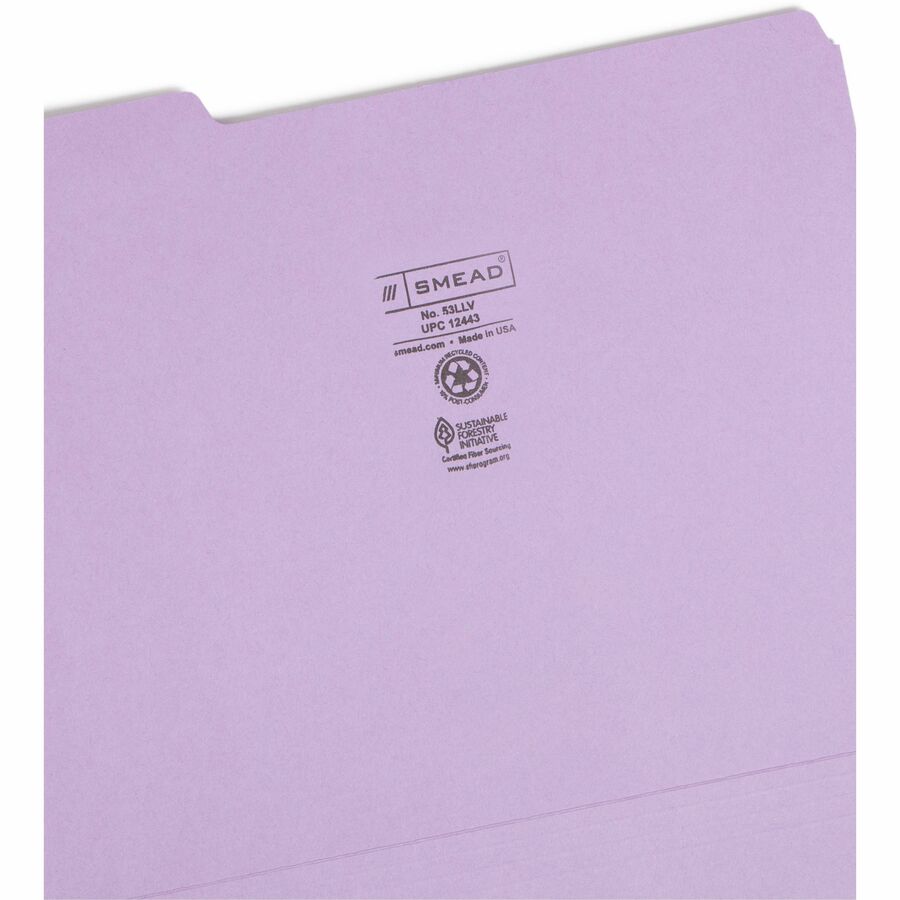 Smead Colored 1/3 Tab Cut Letter Recycled Top Tab File Folder - 8 1/2" x 11" - 3/4" Expansion - Top Tab Location - Assorted Tab Position - 11 pt. - 1 Plys - Lavender - Rounded Corner - 10% Recycled - 100 / Box