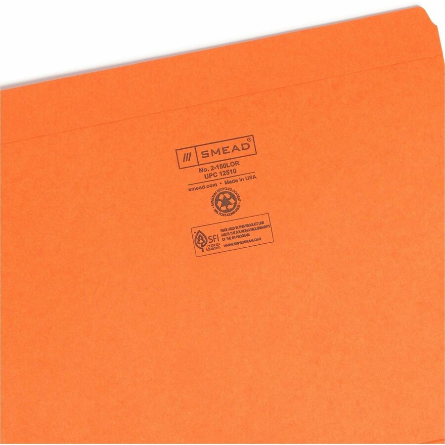 Smead Colored Straight Tab Cut Letter Recycled Top Tab File Folder - 8 1/2" x 11" - 3/4" Expansion - 11 pt. - 2 Plys - Orange - Reinforced Tab - 10% Recycled - 100 / Box