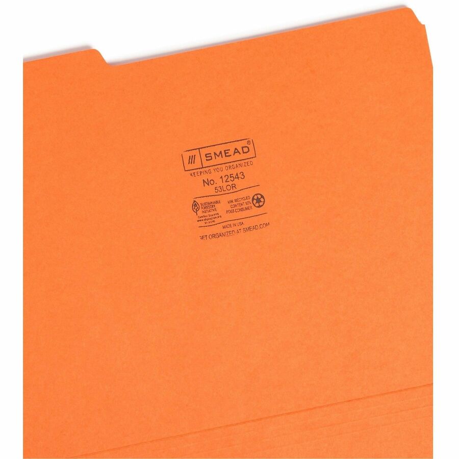 Smead Colored 1/3 Tab Cut Letter Recycled Top Tab File Folder - 8 1/2" x 11" - 3/4" Expansion - Top Tab Location - Assorted Tab Position - 11 pt. - 1 Plys - Orange - Rounded Corner - 10% Recycled - 100 / Box