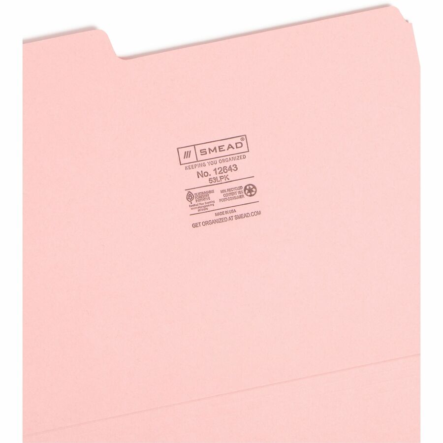 Smead Colored 1/3 Tab Cut Letter Recycled Top Tab File Folder - 8 1/2" x 11" - 3/4" Expansion - Top Tab Location - Assorted Tab Position - 11 pt. - 1 Plys - Pink - Rounded Corner - 10% Recycled - 100 / Box