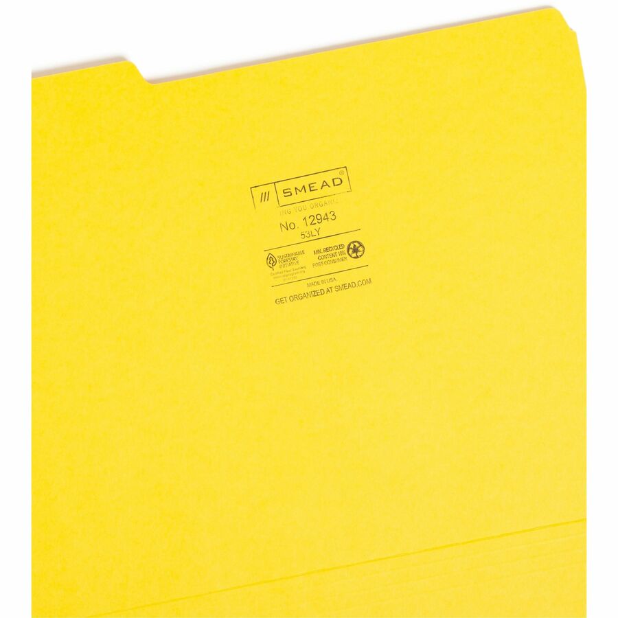 Smead Colored 1/3 Tab Cut Letter Recycled Top Tab File Folder - 8 1/2" x 11" - 3/4" Expansion - Top Tab Location - Assorted Tab Position - 11 pt. - 1 Plys - Yellow - Rounded Corner - 10% Recycled - 100 / Box
