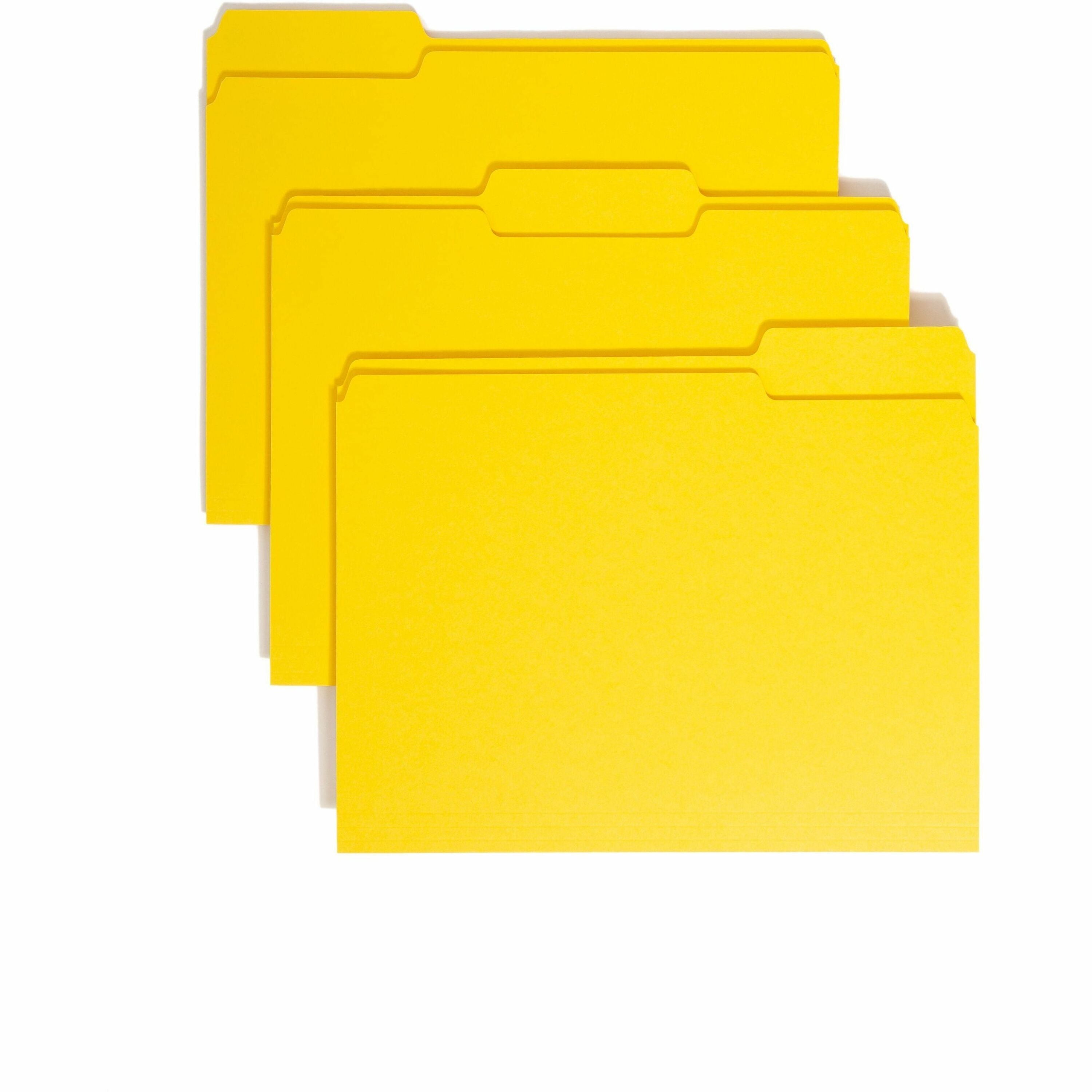 Smead Colored 1/3 Tab Cut Letter Recycled Top Tab File Folder - 8 1/2" x 11" - 3/4" Expansion - Top Tab Location - Assorted Tab Position - 11 pt. - 1 Plys - Yellow - Rounded Corner - 10% Recycled - 100 / Box