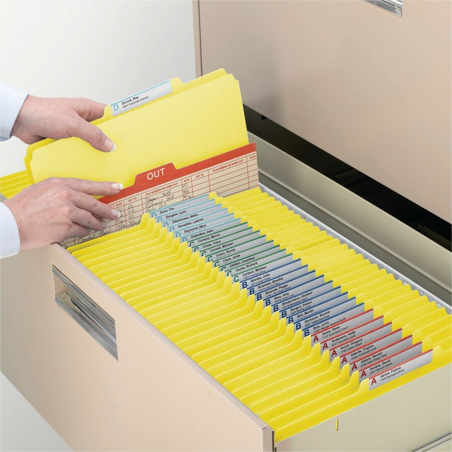 Smead Colored 2/5 Tab Cut Letter Recycled Classification Folder, Yellow, 8.5" x 11", 2" Expansion, 2 Fasteners, 1 Divider, Reinforced Tab, 10% Recycled, 10/Box