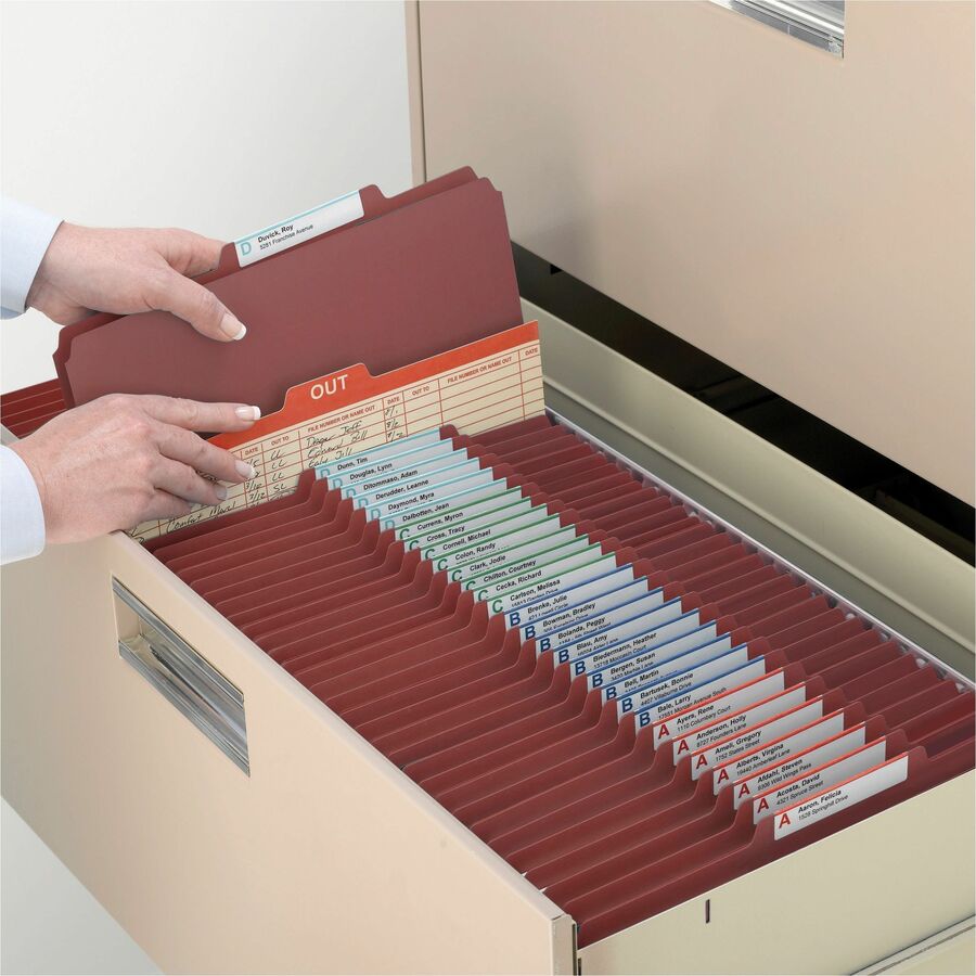 Smead SafeSHIELD 2/5 Tab Cut Letter Size Recycled Classification Folder, 2" Expansion, 1 Divider, 2 Fasteners, 25 pt. Pressboard, Red, Heavy Duty, Tear Resistant, 100% Recycled, 10/Box