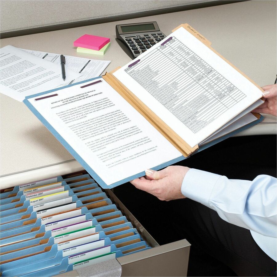 Smead SafeSHIELD 2/5 Tab Cut Letter Size Recycled Classification Folders, 2" Expansion, 2 Fasteners, 2 Dividers, 25 pt. Pressboard, Blue, Heavy Duty, Tear Resistant, 100% Recycled, 10/Box