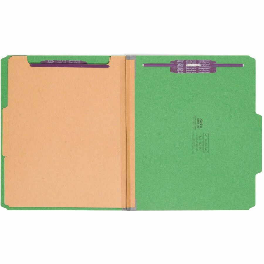 Smead SafeSHIELD 2/5 Tab Cut Letter Size Recycled Classification Folder, 2" Expansion, 2 Fasteners, 2 Dividers, Pressboard, Green, Heavy Duty, Tear Resistant, 10/Box