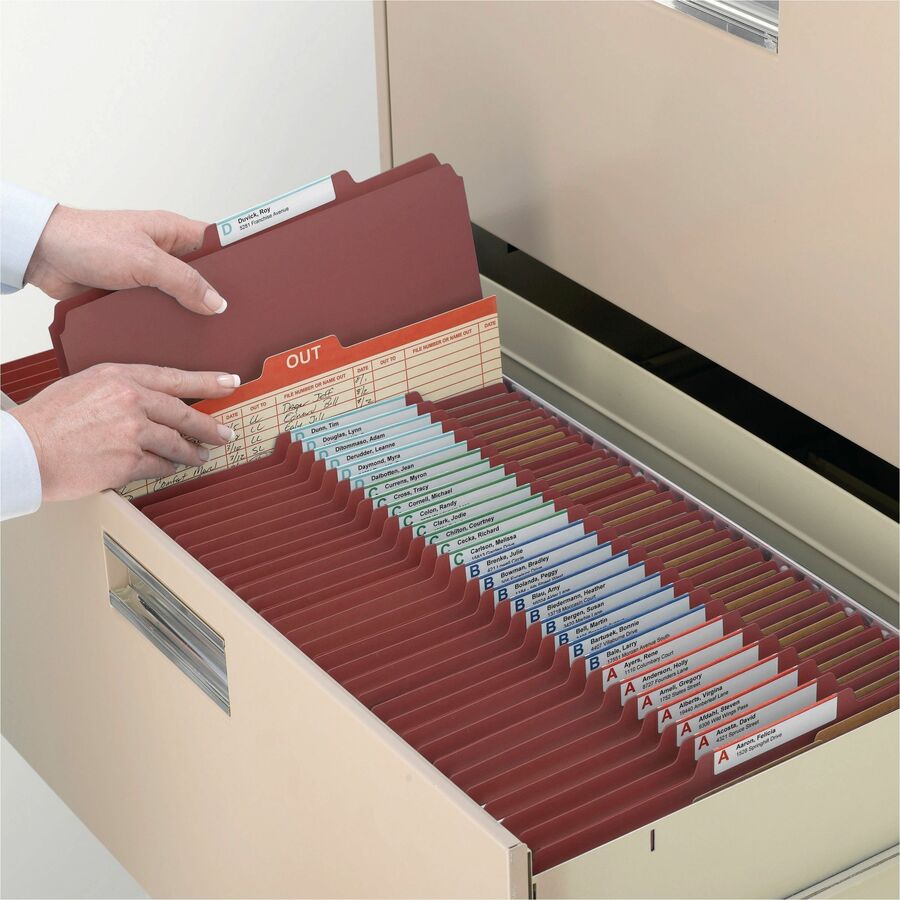 Smead SafeSHIELD 2/5 Tab Cut Letter Size Recycled Classification Folders, 3" Expansion, 3 Dividers, 2 Fasteners, Red, Heavy Duty, 100% Recycled, 10/Box