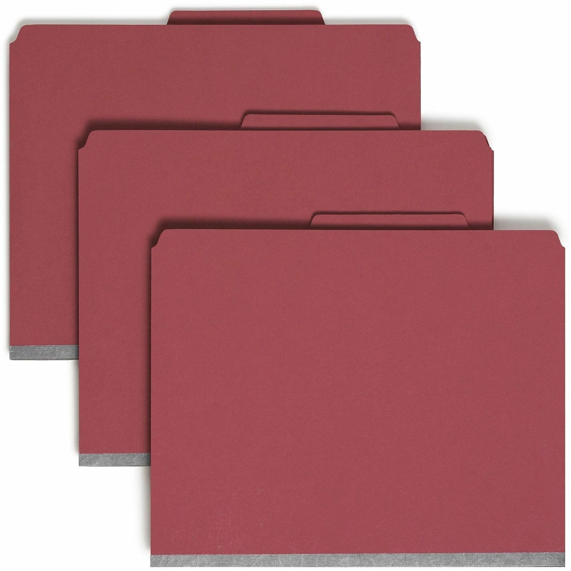 Smead SafeSHIELD 2/5 Tab Cut Letter Size Recycled Classification Folders, 3 Dividers, 2 Fasteners, 3" Expansion, Bright Red, Heavy Duty Pressboard, 100% Recycled, 10/Box