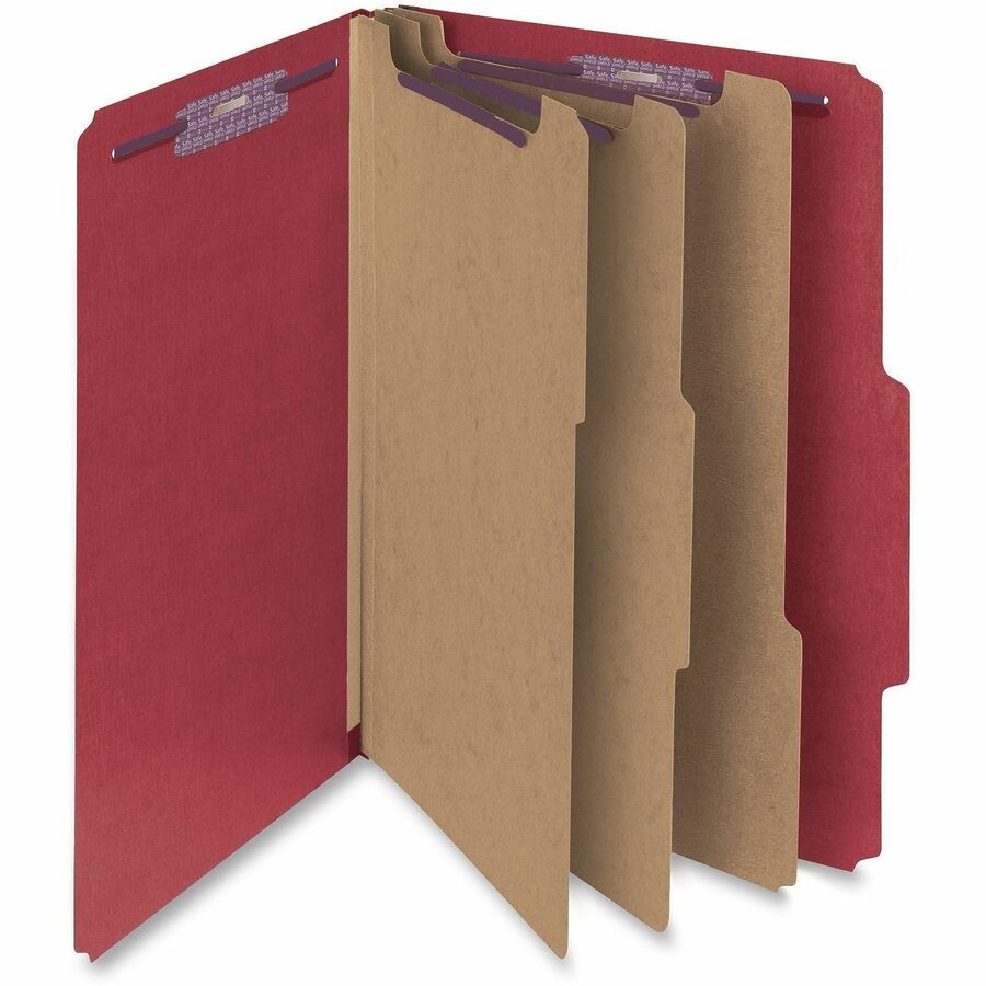 Smead SafeSHIELD 2/5 Tab Cut Letter Size Recycled Classification Folders, 3 Dividers, 2 Fasteners, 3" Expansion, Bright Red, Heavy Duty Pressboard, 100% Recycled, 10/Box