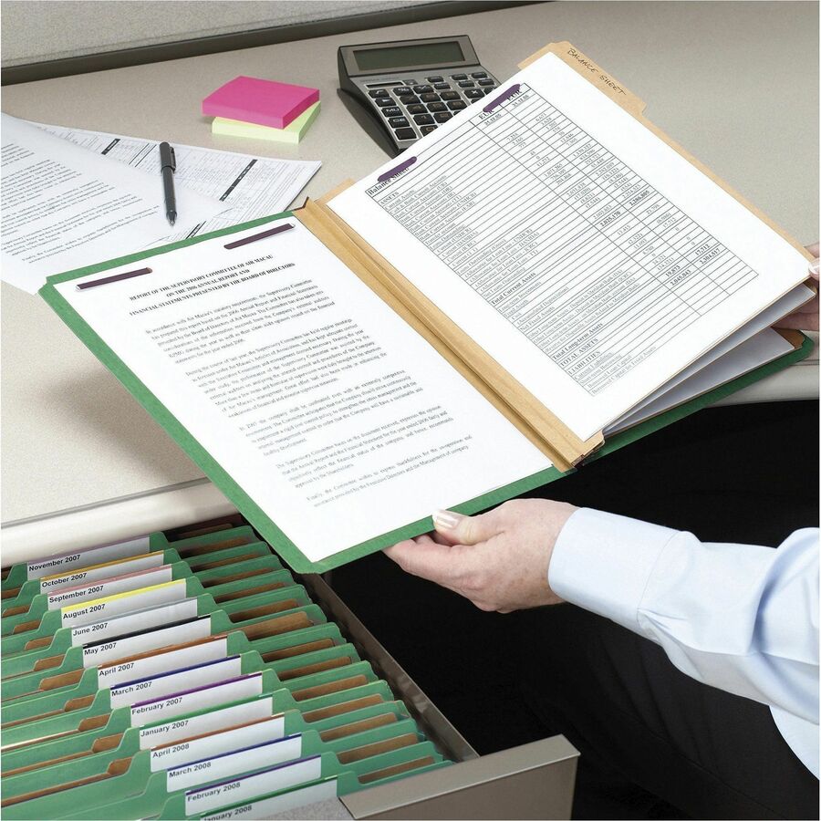 Smead SafeSHIELD 2/5 Tab Letter Size Recycled Classification Folders, 3 Dividers, 2 Fasteners, 3" Expansion, Green, Heavy Duty, 100% Recycled, 10/Box