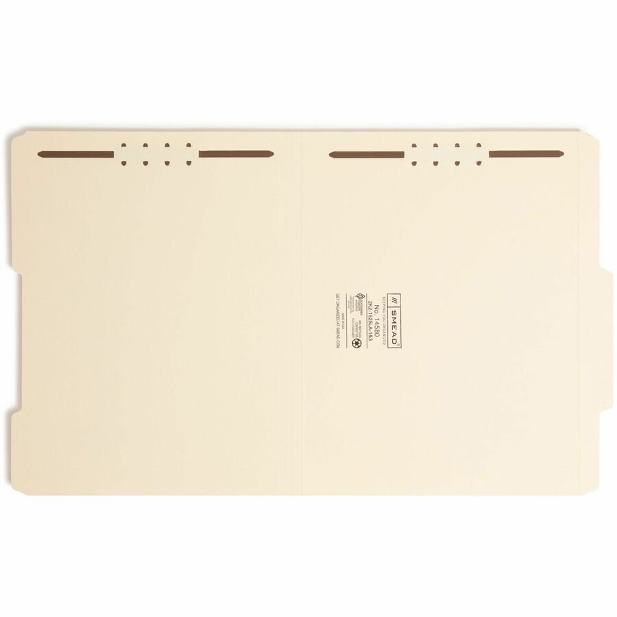Smead 2/5 Tab Cut Letter Recycled Fastener Folder - 8 1/2" x 11" - 3/4" Expansion - 2 x 2K Fastener(s) - 2" for Folder - Top Tab Location - Right of Center Tab Position - 11 pt. - 2 Plys - Manila - Reinforced Tab - 10% Recycled - 50 / Box