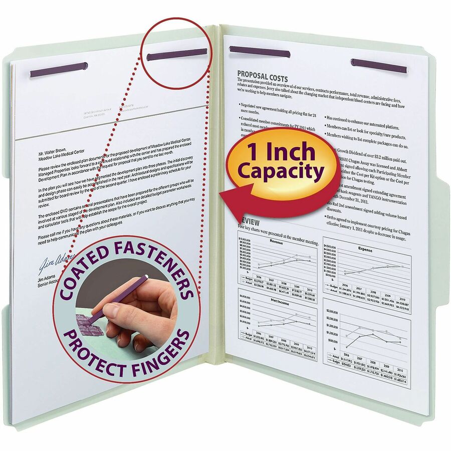 Smead 1/3 Tab Cut Letter Recycled Fastener Folder - 8 1/2" x 11" - 1" Expansion - 2 x 2S Fastener(s) - 2" for Folder - Top Tab Location - Assorted Tab Position - 25 pt. - Pressboard - Gray, Green - 100% Recycled - 25 / Box