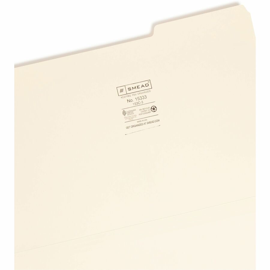 Smead 1/3 Tab Cut Legal Recycled Top Tab File Folder - 8 1/2" x 14" - 3/4" Expansion - Top Tab Location - Third Tab Position - 11 pt. - 1 Plys - Manila - 10% Recycled - 100 / Box