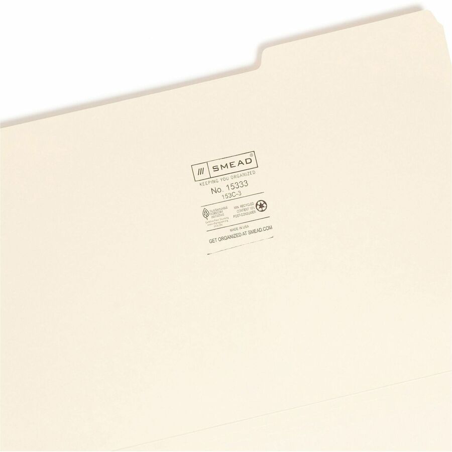 Smead 1/3 Tab Cut Legal Recycled Top Tab File Folder - 8 1/2" x 14" - 3/4" Expansion - Top Tab Location - Third Tab Position - 11 pt. - 1 Plys - Manila - 10% Recycled - 100 / Box