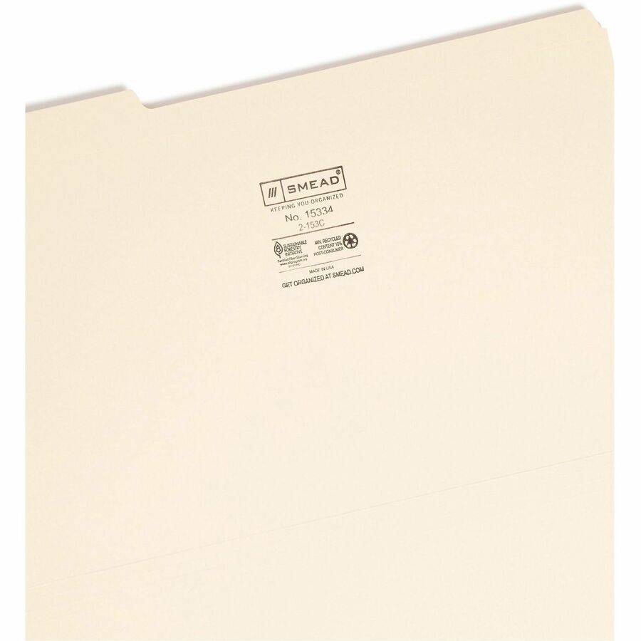 Smead 1/3 Tab Cut Legal Recycled Top Tab File Folder - 8 1/2" x 14" - 3/4" Expansion - Top Tab Location - Assorted Tab Position - 11 pt. - 2 Plys - Manila - Reinforced, Rounded Corner, Durable, Reinforced Tab - 10% Recycled - 100 / Box