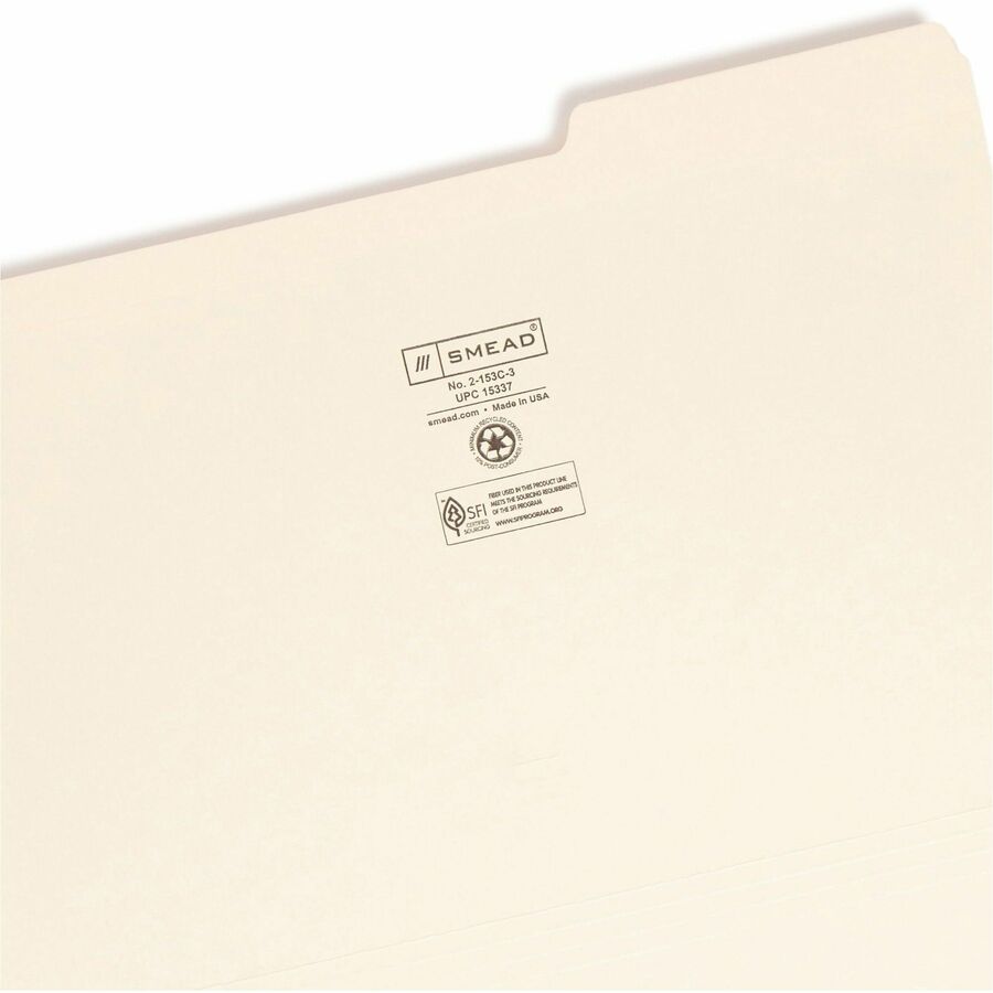 Smead 1/3 Tab Cut Legal Recycled Top Tab File Folder - 8 1/2" x 14" - 3/4" Expansion - Top Tab Location - Third Tab Position - 11 pt. - 2 Plys - Manila - Reinforced, Rounded Corner, Durable, Reinforced Tab - 10% Recycled - 100 / Box