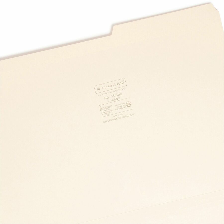 Smead 2/5 Tab Cut Legal Recycled Top Tab File Folder - 8 1/2" x 14" - 3/4" Expansion - Top Tab Location - Right Tab Position - 11 pt. - 2 Plys - Manila - Rounded Corner, Durable, Reinforced Tab - 10% Recycled - 100 / Box