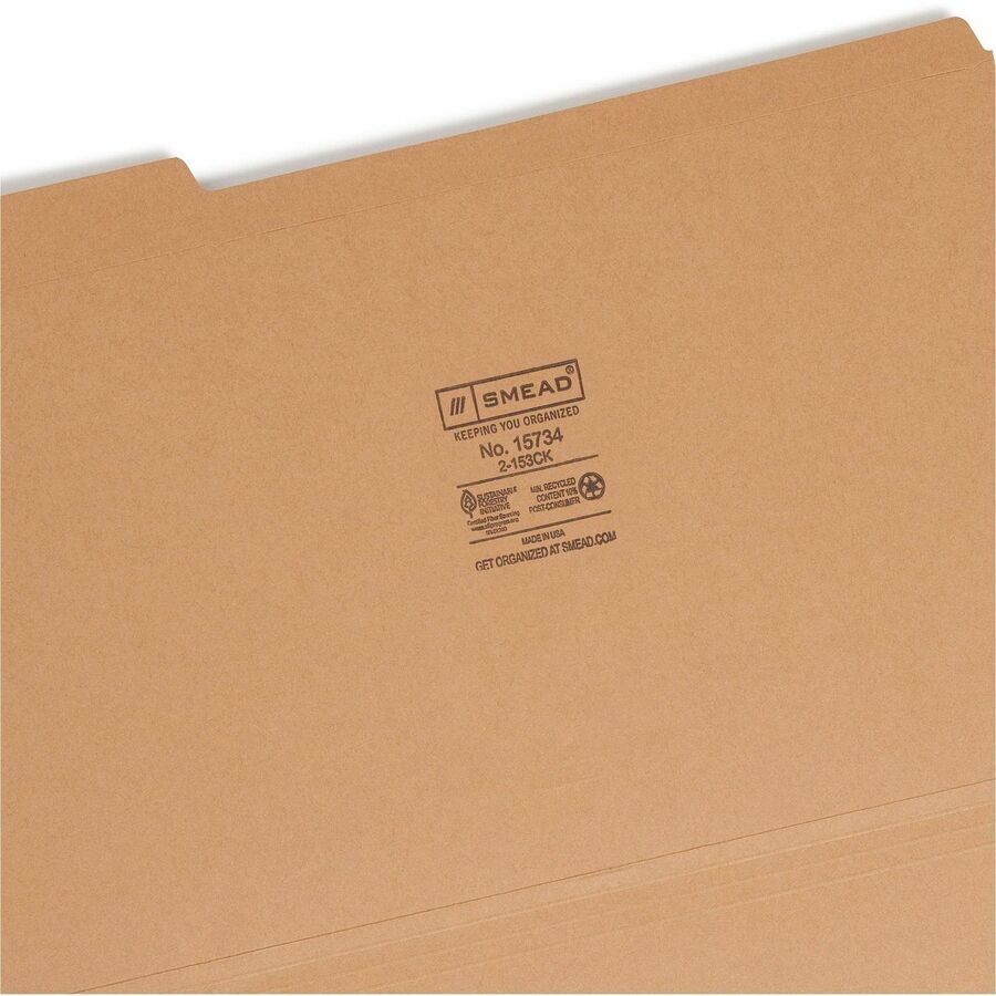 Smead 1/3 Tab Cut Legal Recycled Top Tab File Folder - 8 1/2" x 14" - 3/4" Expansion - Assorted Tab Position - 11 pt. - 2 Plys - Kraft - Reinforced - 10% Recycled - 100 / Box