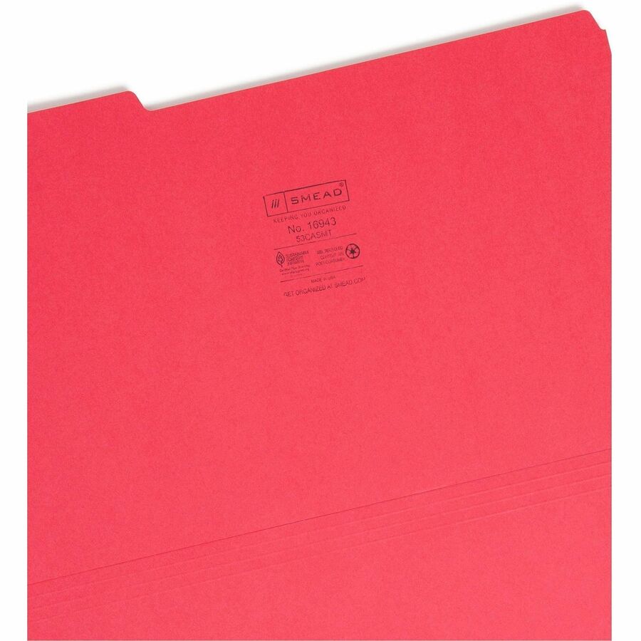 Smead Colored 1/3 Tab Cut Legal Recycled Top Tab File Folder - 8 1/2" x 14" - 3/4" Expansion - Top Tab Location - Assorted Tab Position - 11 pt. - 1 Plys - Blue, Green, Orange, Red, Yellow - Rounded Corner - 10% Recycled - 100 / Box