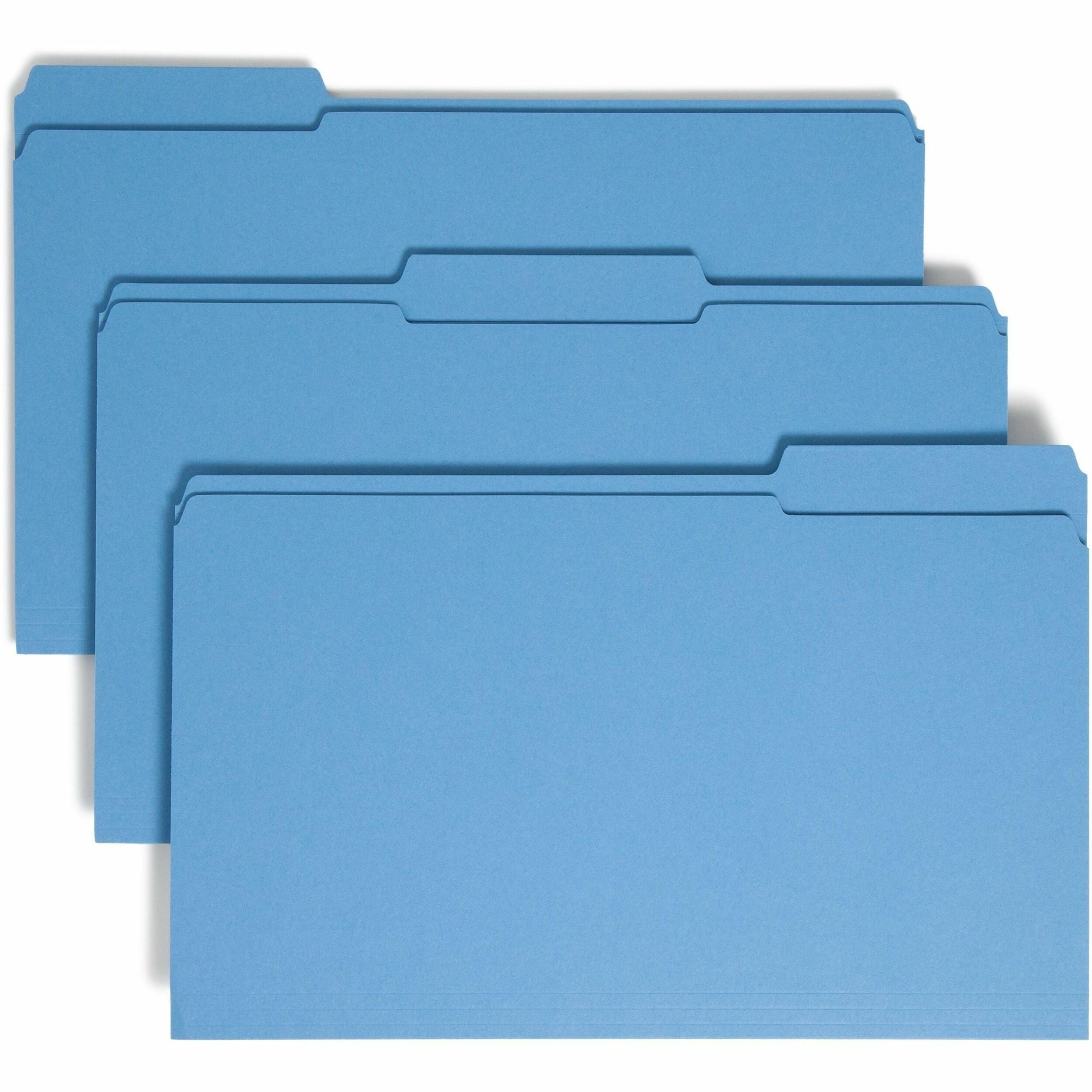 Smead Colored 1/3 Tab Cut Legal Recycled Top Tab File Folder - 8 1/2" x 14" - 3/4" Expansion - Top Tab Location - Assorted Tab Position - 11 pt. - 2 Plys - Blue - Reinforced - 10% Recycled - 100 / Box