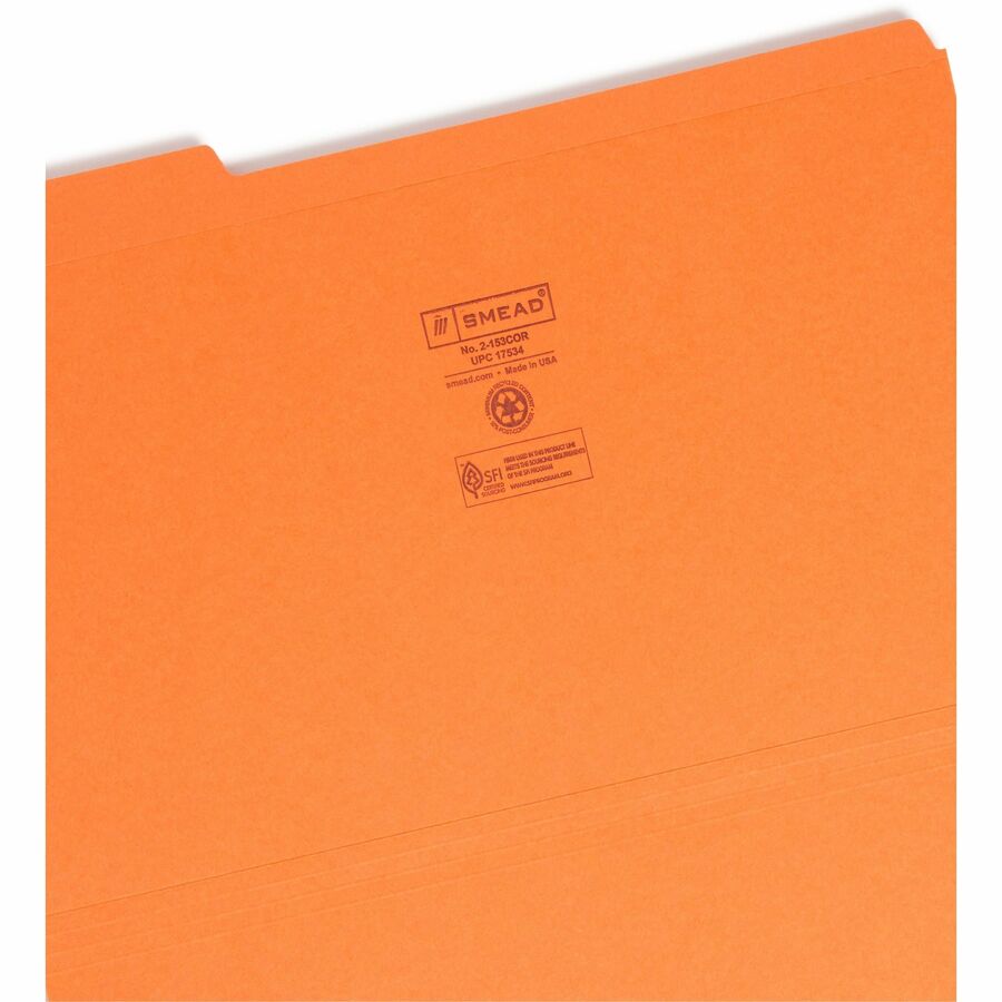 Smead Colored 1/3 Tab Cut Legal Recycled Top Tab File Folder - 8 1/2" x 14" - 3/4" Expansion - Top Tab Location - Assorted Tab Position - 11 pt. - 2 Plys - Orange - 10% Recycled - 100 / Box