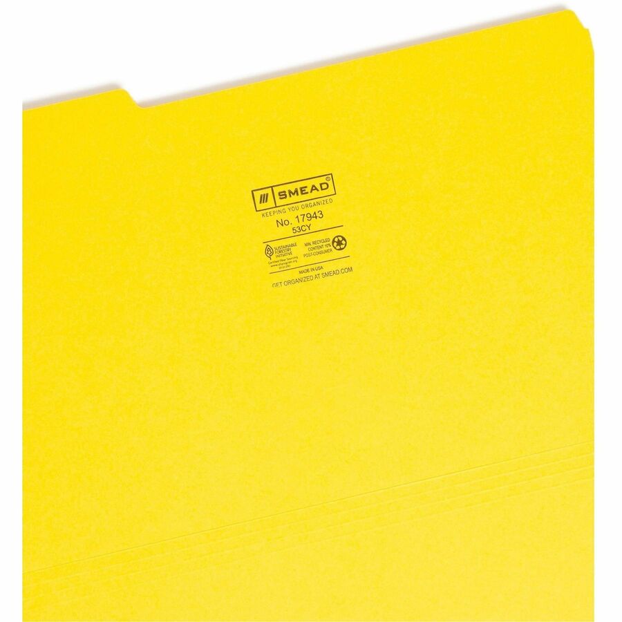 Smead Colored 1/3 Tab Cut Legal Recycled Top Tab File Folder - 8 1/2" x 14" - 3/4" Expansion - Top Tab Location - Assorted Tab Position - 11 pt. - 1 Plys - Vinyl - Yellow - Rounded Corner - 10% Recycled - 100 / Box