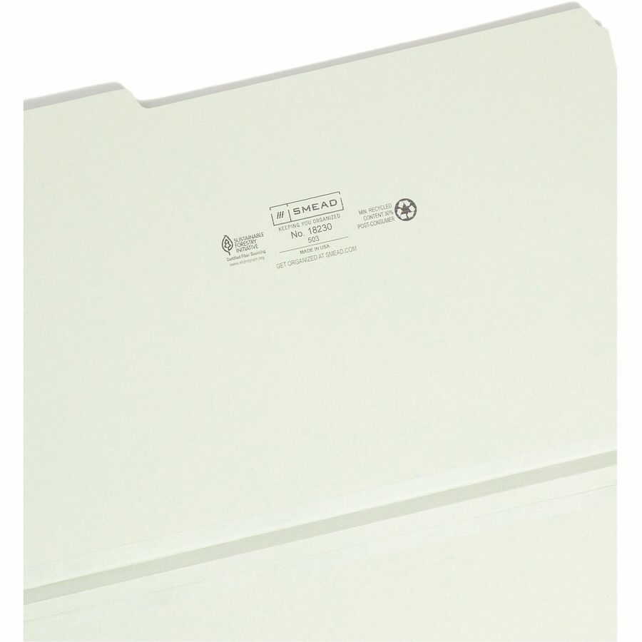 Smead 1/3 Tab Cut Legal Recycled Top Tab File Folder - 8 1/2" x 14" - 1" Expansion - Top Tab Location - Assorted Tab Position - 25 pt. - Pressboard - Gray, Green - Heavy Duty, Rounded Corner, Wear Resistant, Tear Resistant - 100% Recycled - 25 / Box
