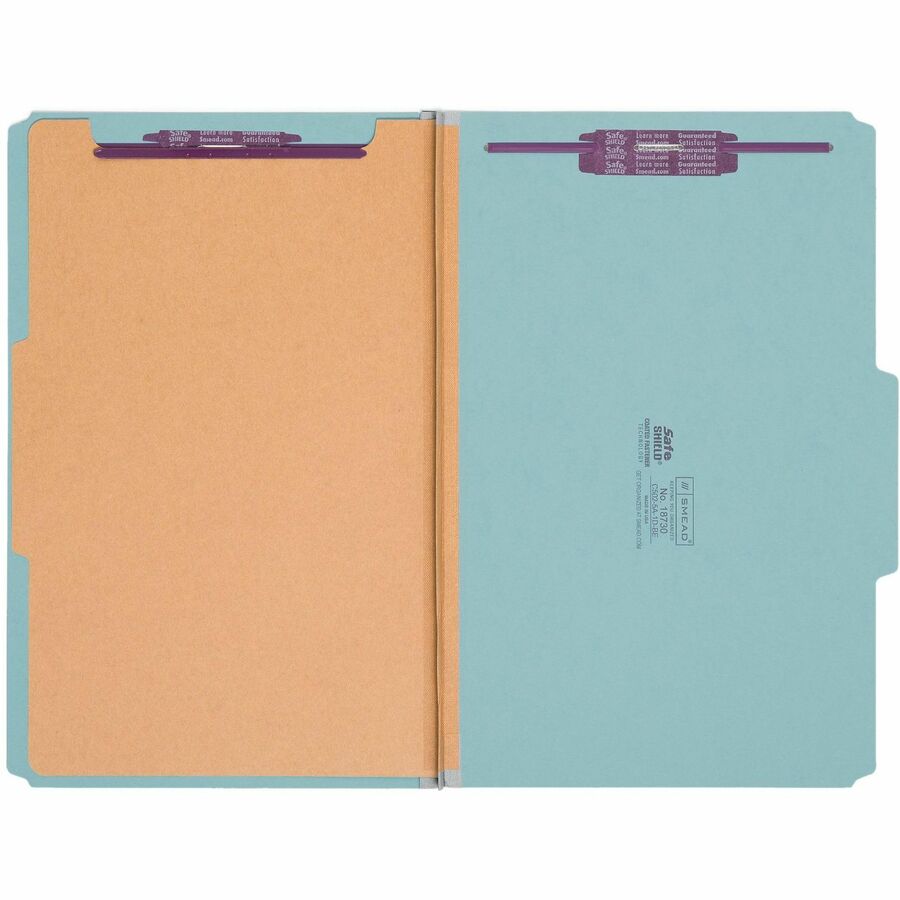 Smead SafeSHIELD 2/5 Tab Cut Legal Classification Folders, 8.5" x 14", 2" Expansion, 2 Fasteners, 1 Divider, 25 pt. Pressboard, Blue, 100% Recycled, 10/Box