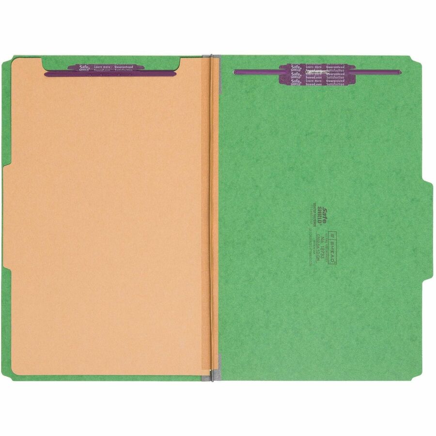 Smead SafeSHIELD 2/5 Tab Cut Legal Recycled Classification Folder, 8.5" x 14", 2" Expansion, 2 Fasteners, 1 Divider, Green, 25 pt. Pressboard, 100% Recycled, 10/Box