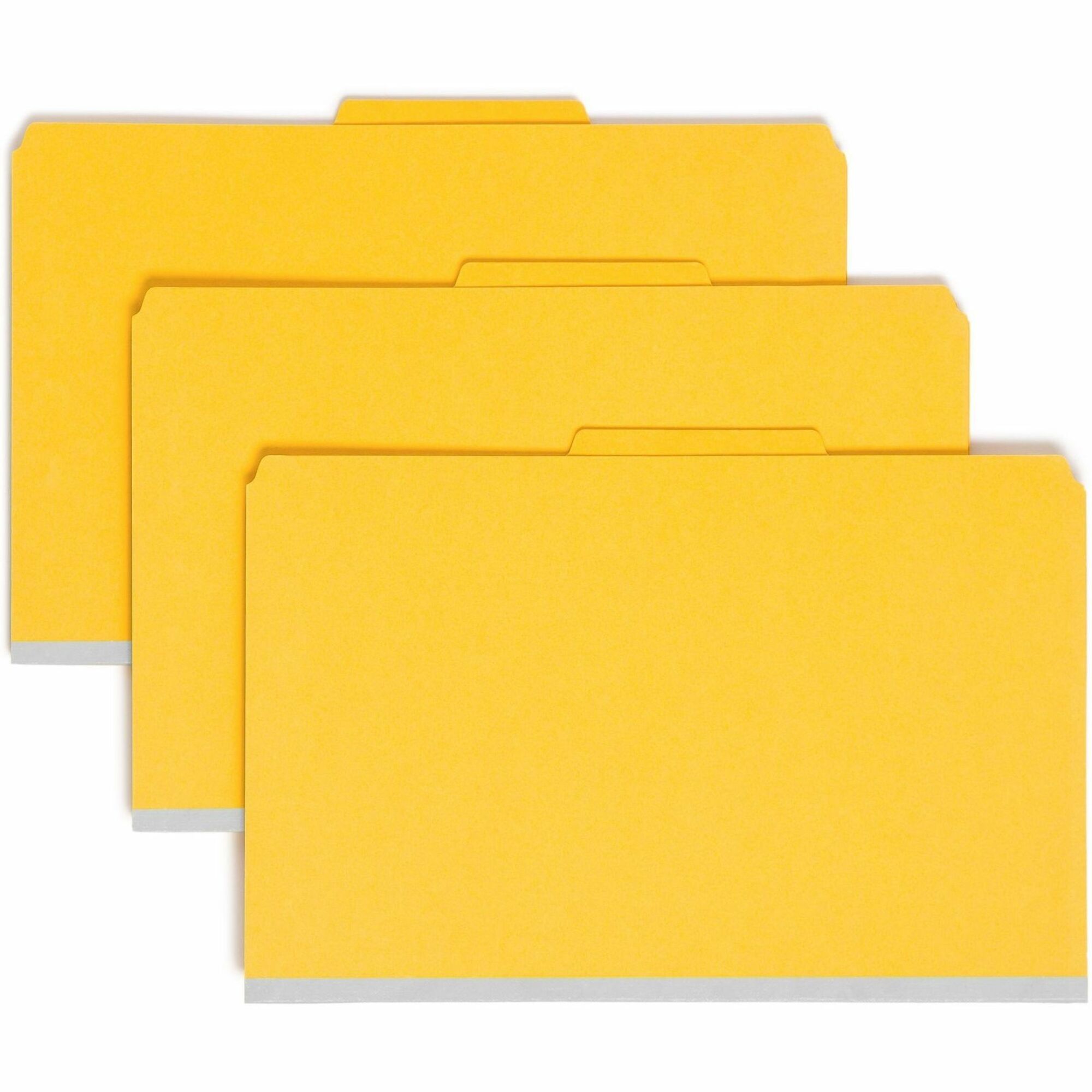 Smead SafeSHIELD 2/5 Tab Cut Legal Recycled Classification Folder, 8.5" x 14", 2" Expansion, 2 Fasteners, 1 Divider, 25 pt. Pressboard, Yellow, 100% Recycled, 10/Box