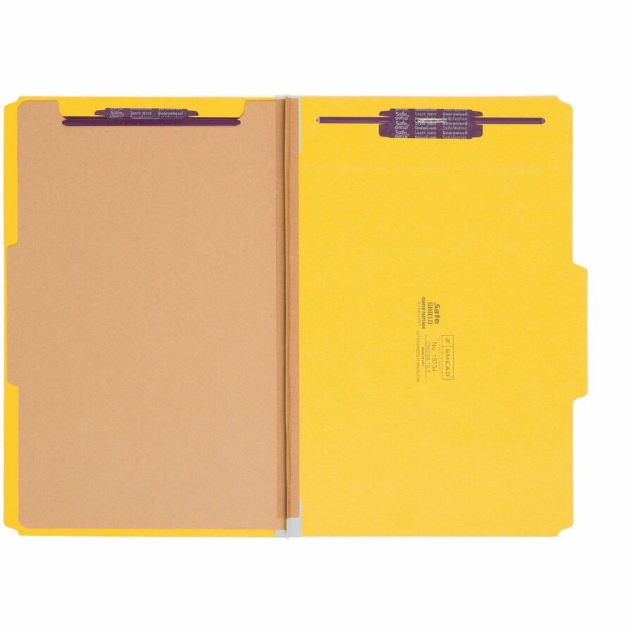 Smead SafeSHIELD 2/5 Tab Cut Legal Recycled Classification Folder, 8.5" x 14", 2" Expansion, 2 Fasteners, 1 Divider, 25 pt. Pressboard, Yellow, 100% Recycled, 10/Box