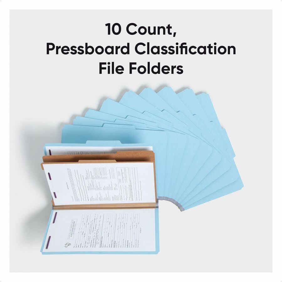 Smead SafeSHIELD 2/5 Tab Cut Legal Recycled Classification Folder, 8 1/2" x 14", 2" Expansion, 2 Fasteners, 2 Dividers, 25 pt. Pressboard, Blue, 100% Recycled, 10/Box