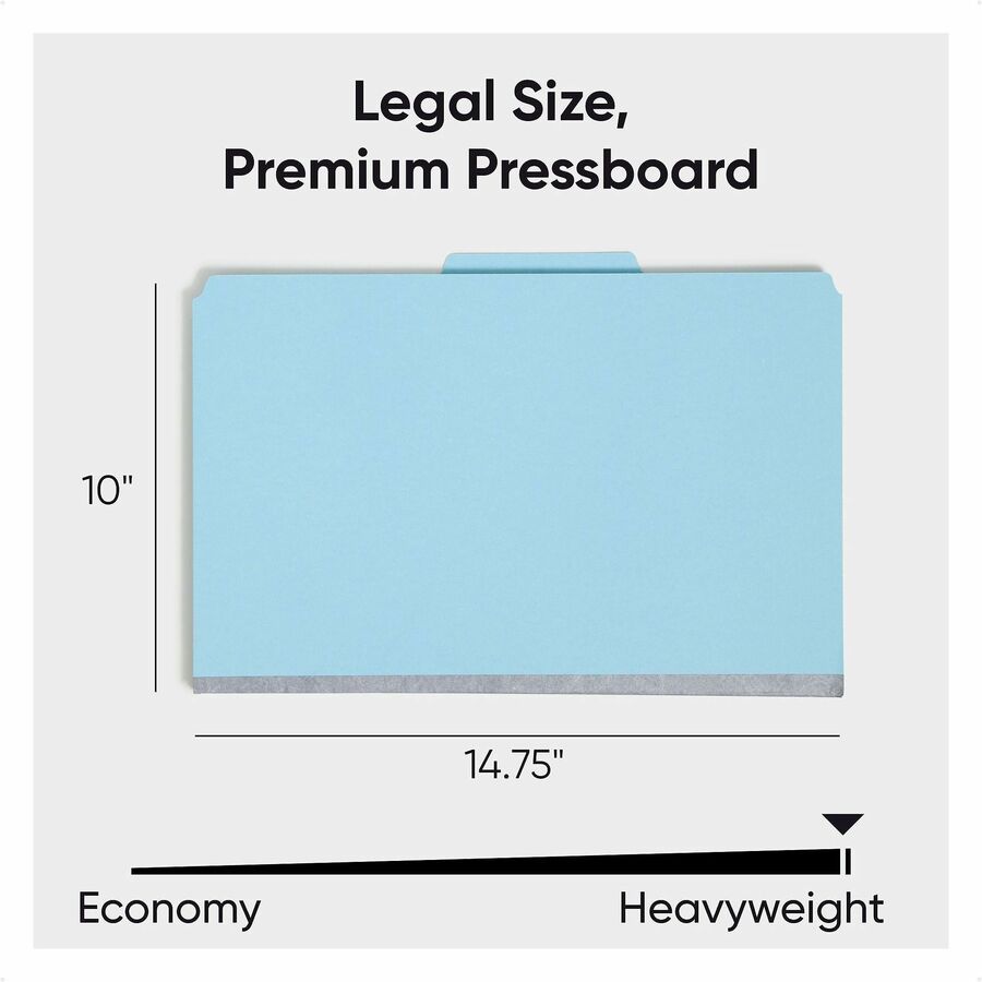 Smead SafeSHIELD 2/5 Tab Cut Legal Recycled Classification Folder, 8 1/2" x 14", 2" Expansion, 2 Fasteners, 2 Dividers, 25 pt. Pressboard, Blue, 100% Recycled, 10/Box