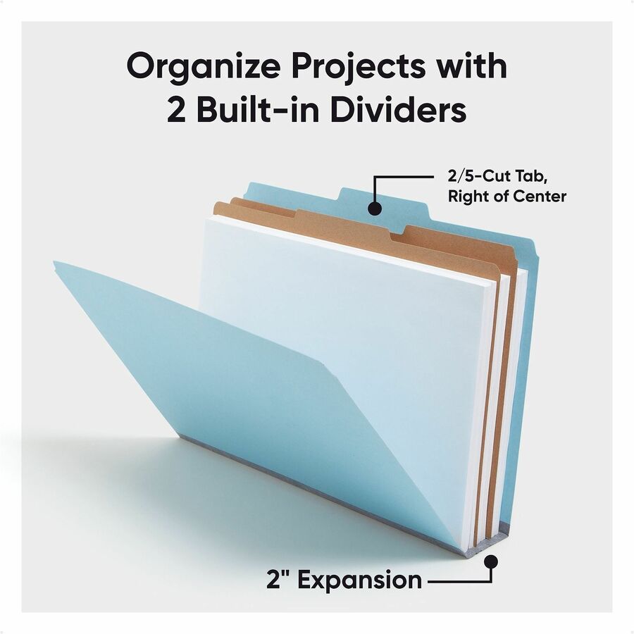 Smead SafeSHIELD 2/5 Tab Cut Legal Recycled Classification Folder, 8 1/2" x 14", 2" Expansion, 2 Fasteners, 2 Dividers, 25 pt. Pressboard, Blue, 100% Recycled, 10/Box