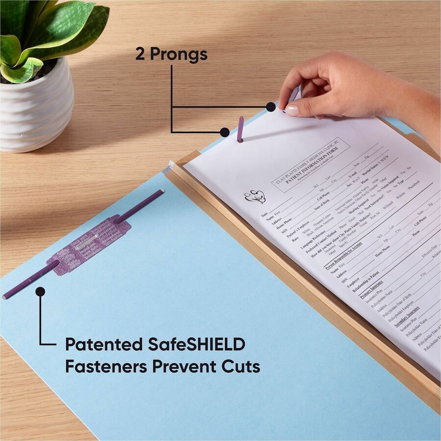 Smead SafeSHIELD 2/5 Tab Cut Legal Recycled Classification Folder, 8 1/2" x 14", 2" Expansion, 2 Fasteners, 2 Dividers, 25 pt. Pressboard, Blue, 100% Recycled, 10/Box
