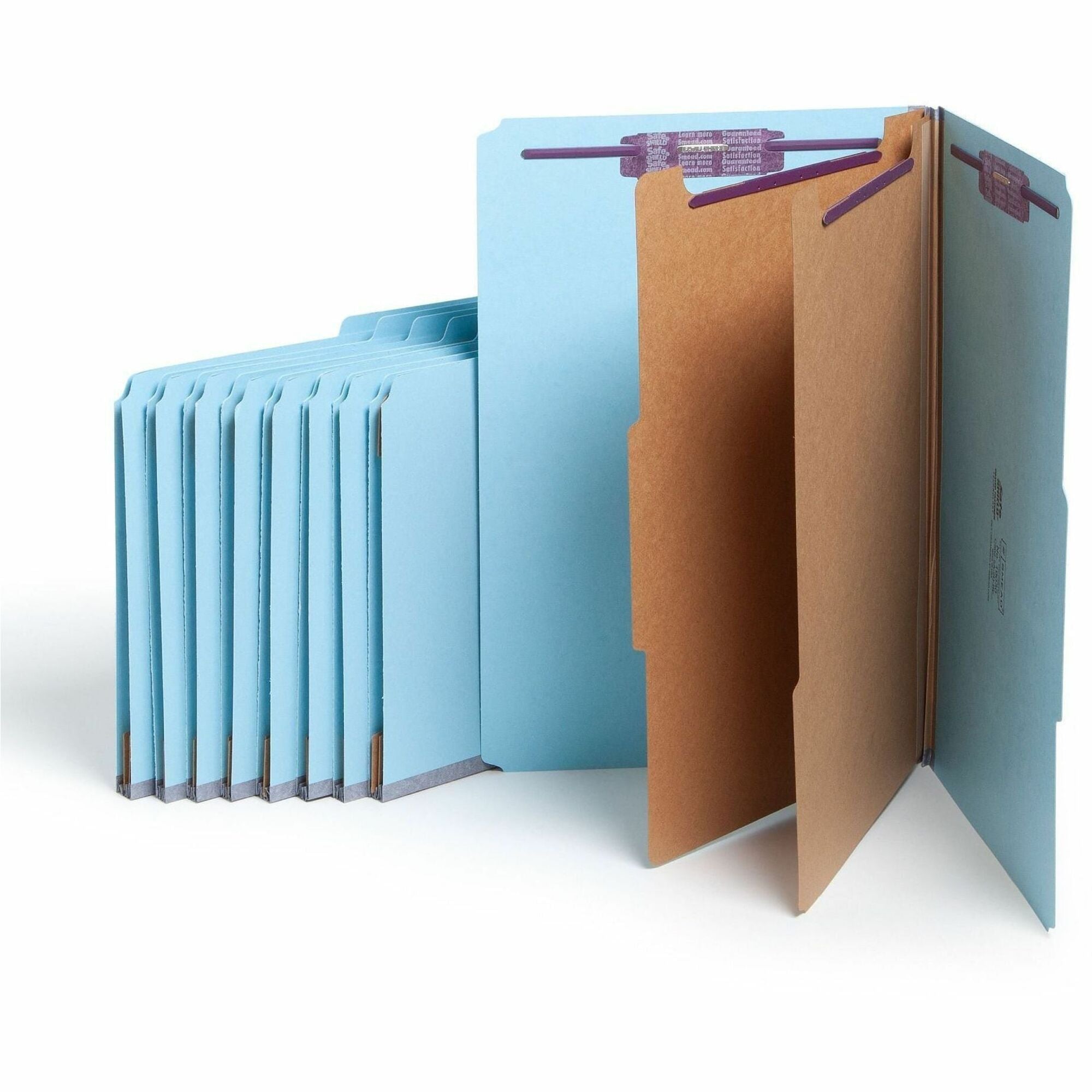 Smead SafeSHIELD 2/5 Tab Cut Legal Recycled Classification Folder, 8 1/2" x 14", 2" Expansion, 2 Fasteners, 2 Dividers, 25 pt. Pressboard, Blue, 100% Recycled, 10/Box
