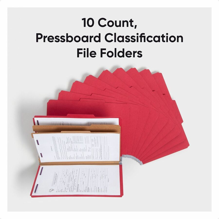 Smead SafeSHIELD 2/5 Tab Cut Legal Classification Folders, 2 Dividers, 2" Expansion, Bright Red, 100% Recycled, Heavy Duty, Tear Resistant, 8.5" x 14", 10/Box