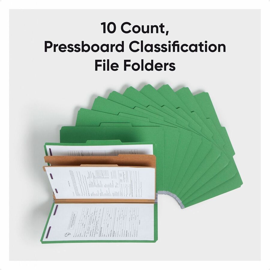 Smead SafeSHIELD 2/5 Tab Cut Legal Classification Folder, 8.5" x 14", 2" Expansion, 2 Fasteners, 2 Dividers, 25 pt. Pressboard, Green, 100% Recycled, 10/Box