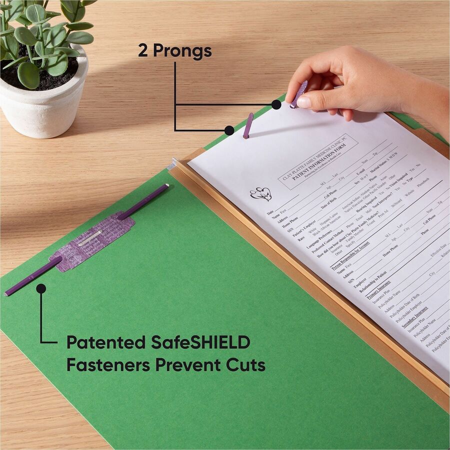 Smead SafeSHIELD 2/5 Tab Cut Legal Classification Folder, 8.5" x 14", 2" Expansion, 2 Fasteners, 2 Dividers, 25 pt. Pressboard, Green, 100% Recycled, 10/Box