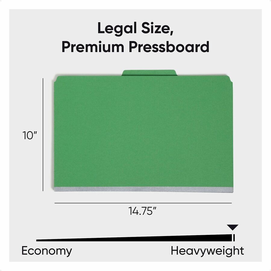 Smead SafeSHIELD 2/5 Tab Cut Legal Classification Folder, 8.5" x 14", 2" Expansion, 2 Fasteners, 2 Dividers, 25 pt. Pressboard, Green, 100% Recycled, 10/Box