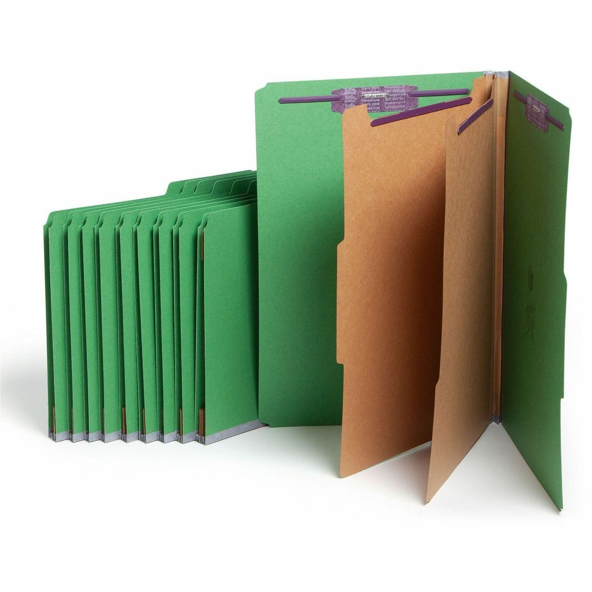 Smead SafeSHIELD 2/5 Tab Cut Legal Classification Folder, 8.5" x 14", 2" Expansion, 2 Fasteners, 2 Dividers, 25 pt. Pressboard, Green, 100% Recycled, 10/Box