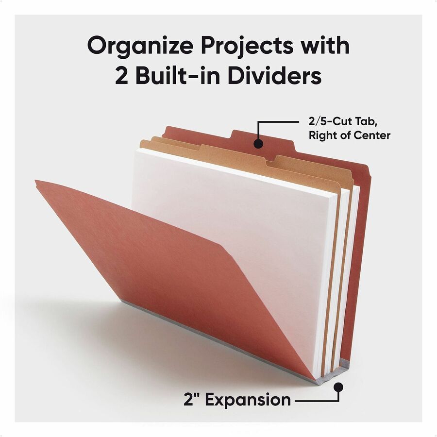 Smead SafeSHIELD 2/5 Tab Cut Legal Classification Folders, 2 Dividers, 2" Expansion, 8.5" x 14", Red, 100% Recycled, 10/Box