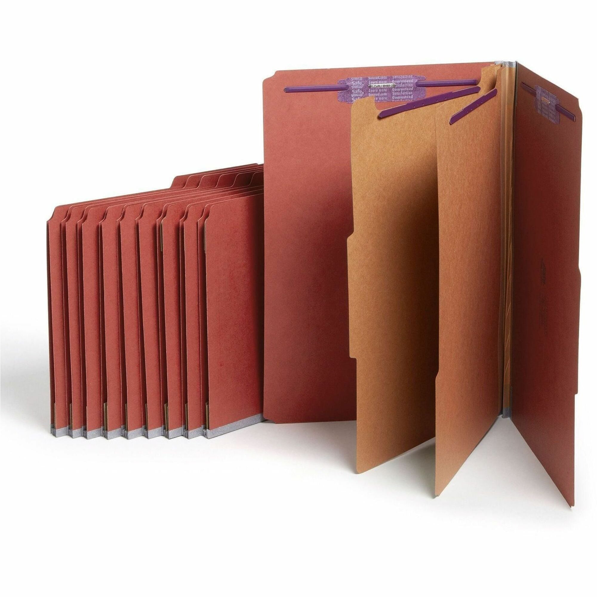 Smead SafeSHIELD 2/5 Tab Cut Legal Classification Folders, 2 Dividers, 2" Expansion, 8.5" x 14", Red, 100% Recycled, 10/Box