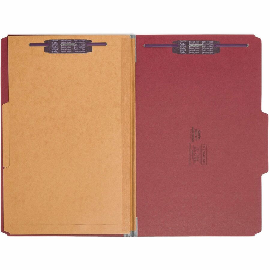 Smead SafeSHIELD 2/5 Tab Cut Legal Classification Folder, 8 1/2" x 14", 2" Expansion, 2 Fasteners, 2 Pockets, 2 Dividers, Bright Red, 25 pt., 100% Recycled, 10/Box